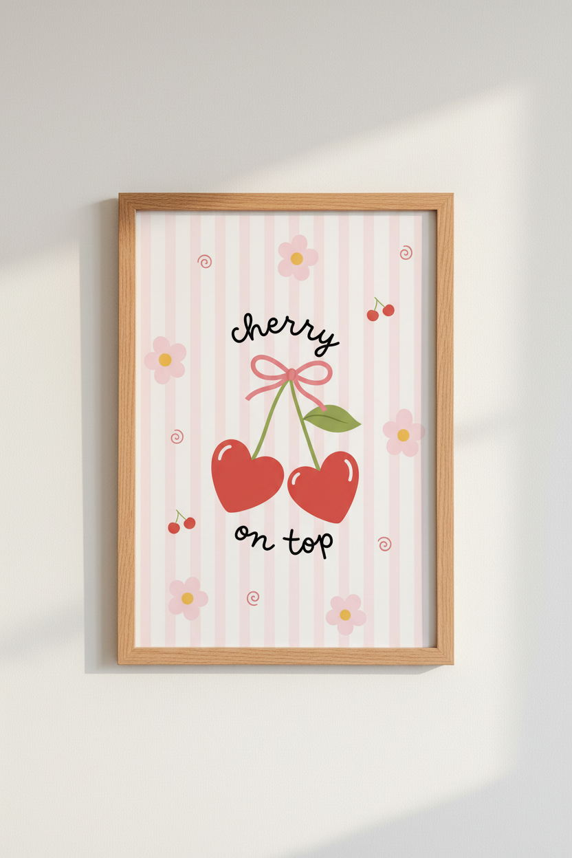 Cherry Heart Wall Art Print | Pink Coquette Nursery Decor | Kawaii Poster