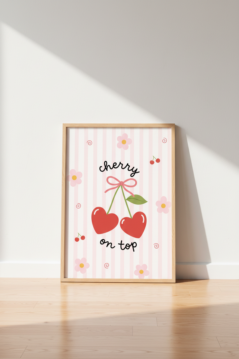 Cherry Heart Wall Art Print | Pink Coquette Nursery Decor | Kawaii Poster