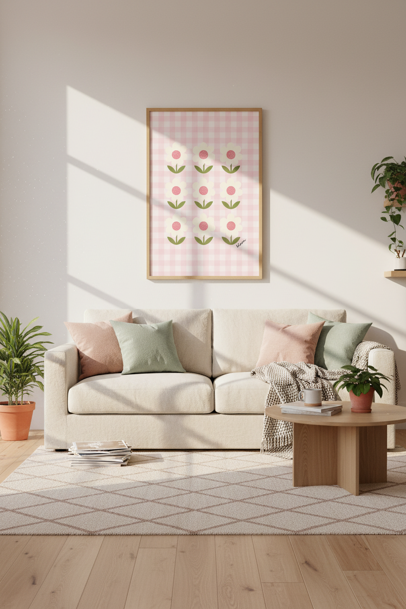Retro Pink Gingham Daisies Wall Art | Nursery Decor | Pastel Aesthetic Poster
