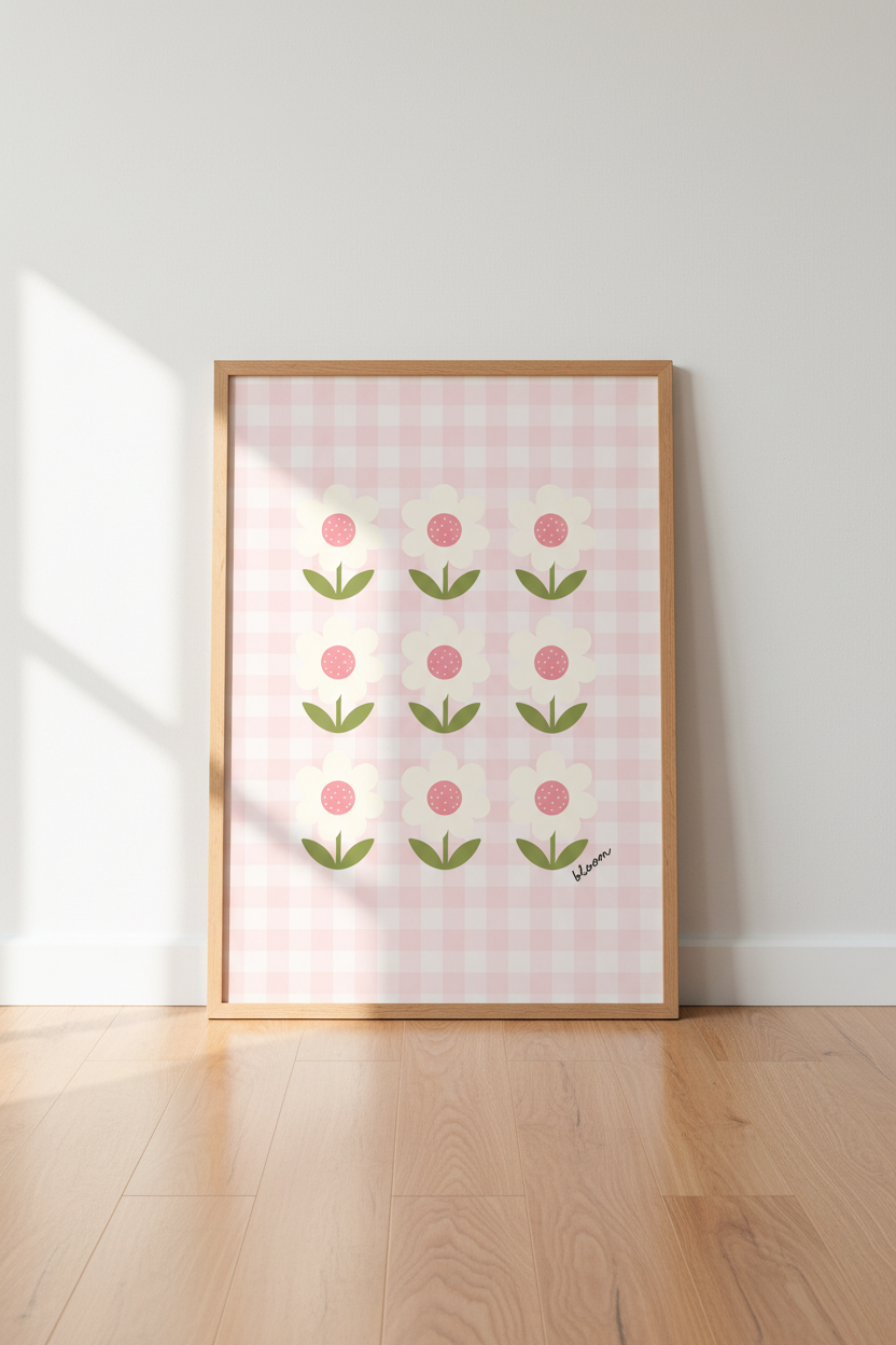 Retro Pink Gingham Daisies Wall Art | Nursery Decor | Pastel Aesthetic Poster