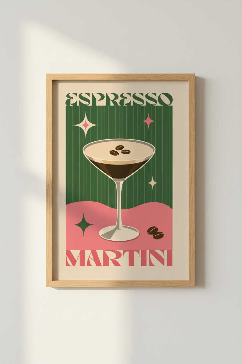 Espresso Martini Wall Art | Retro Pink & Green Cocktail Poster, Bar Cart Decor