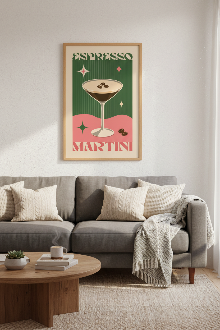 Espresso Martini Wall Art | Retro Pink & Green Cocktail Poster, Bar Cart Decor