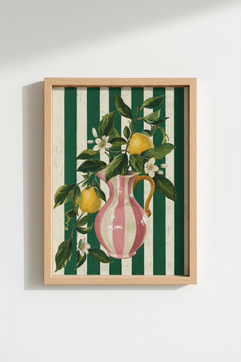 Citrus Mediterranean Wall Art | Lemon Kitchen Decor, Pink and Green Striped Poster