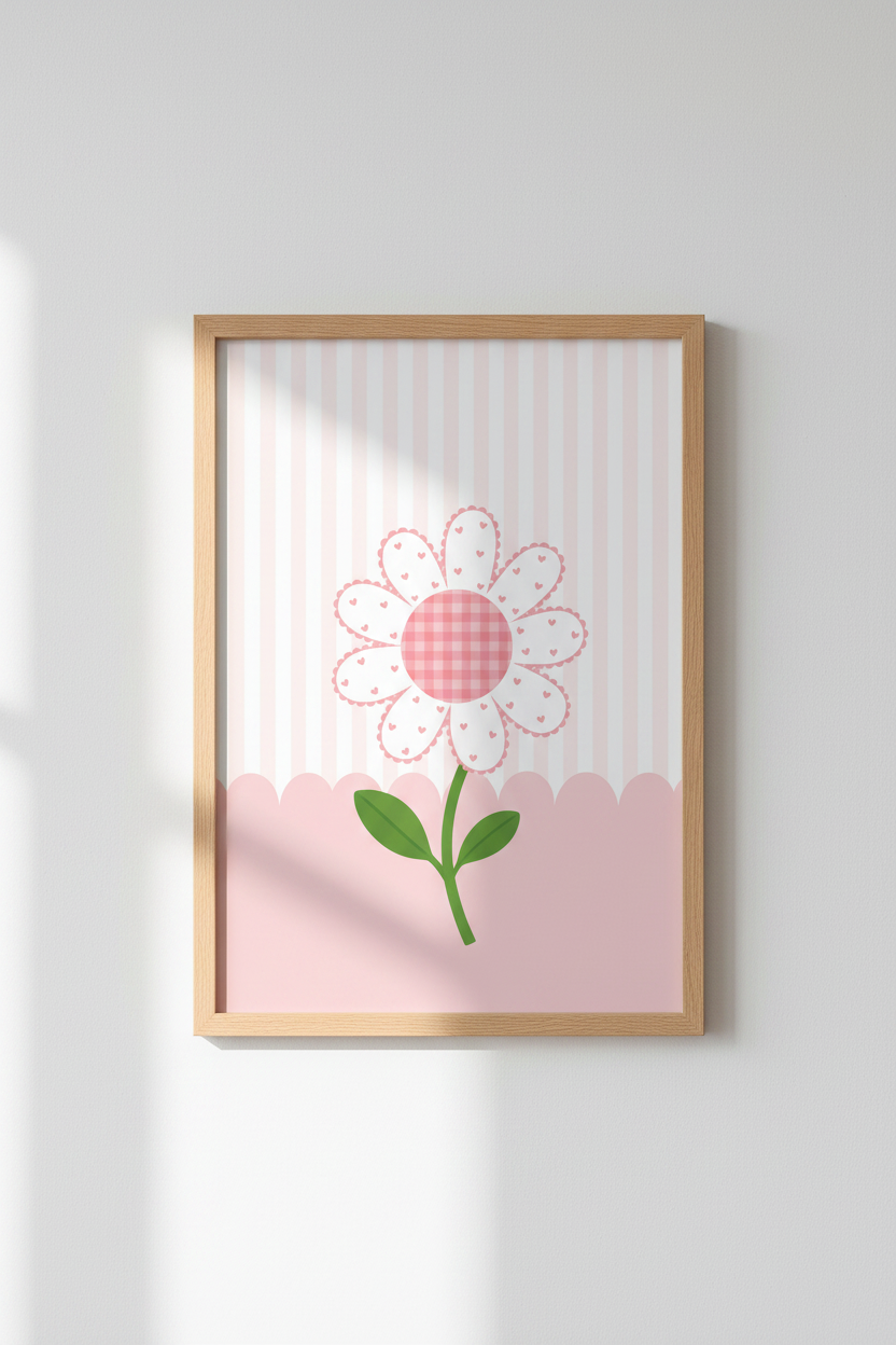 Pink Flower Patchwork Wall Art | Nursery Decor | Whimsical Daisy Poster