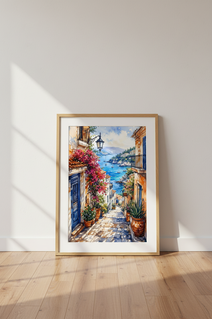 Mediterranean Coastal Village Watercolor Print | Blue Sea Coast, Living Room Decor