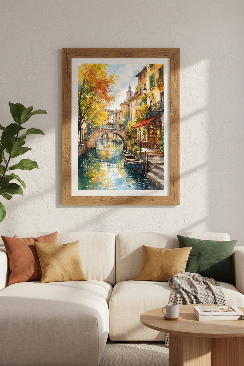 Venice Canal Watercolor Print | Italy Landscape Decor | Warm Autumn Poster