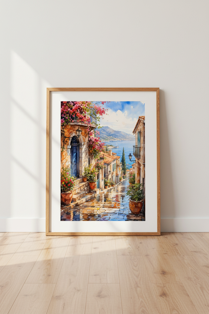 Mediterranean Coastal Village Art | Watercolor Blue Sea & Flowers, Living Room Decor