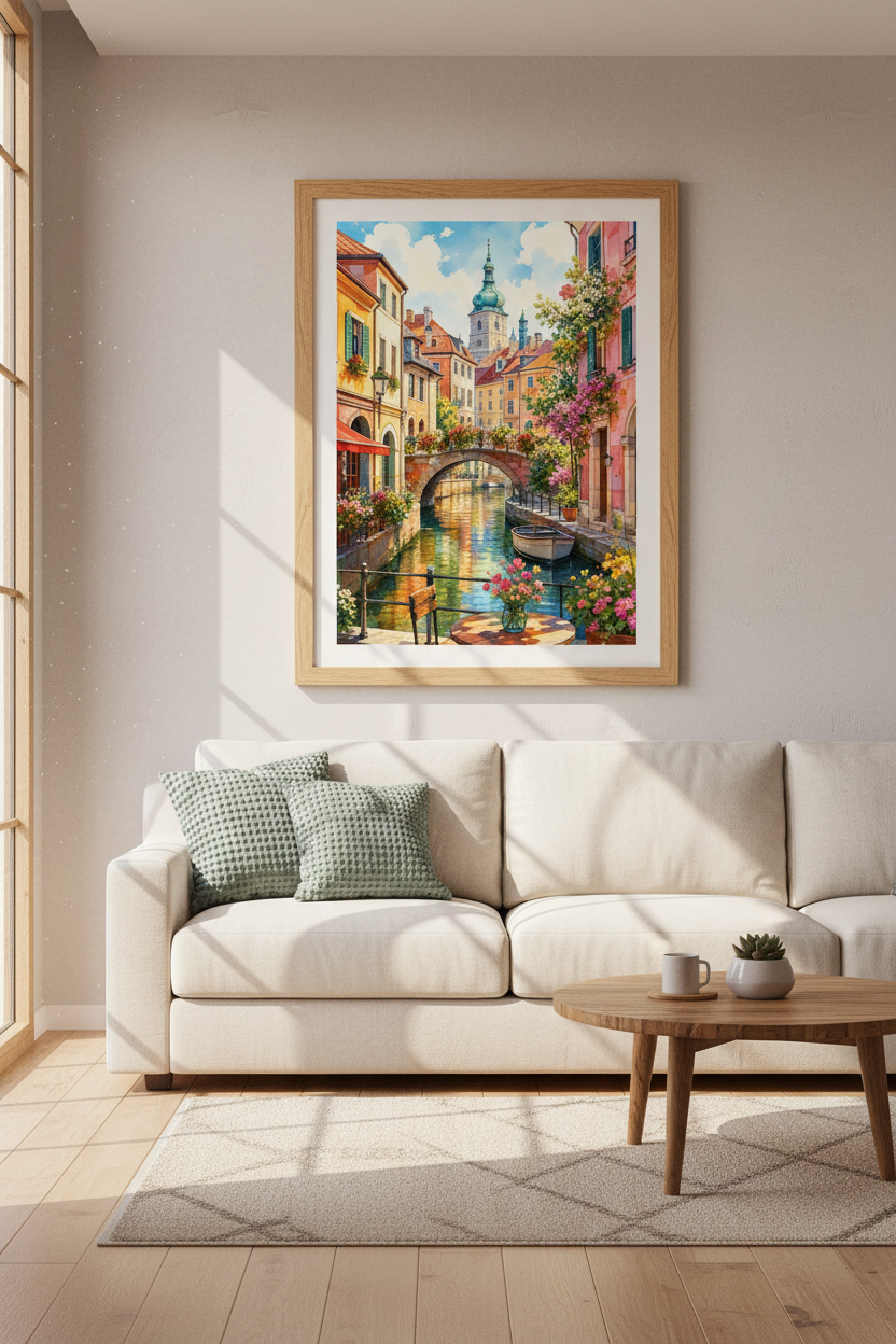 European Canal Watercolor Print | Vibrant Cityscape Wall Art, Travel Poster Decor