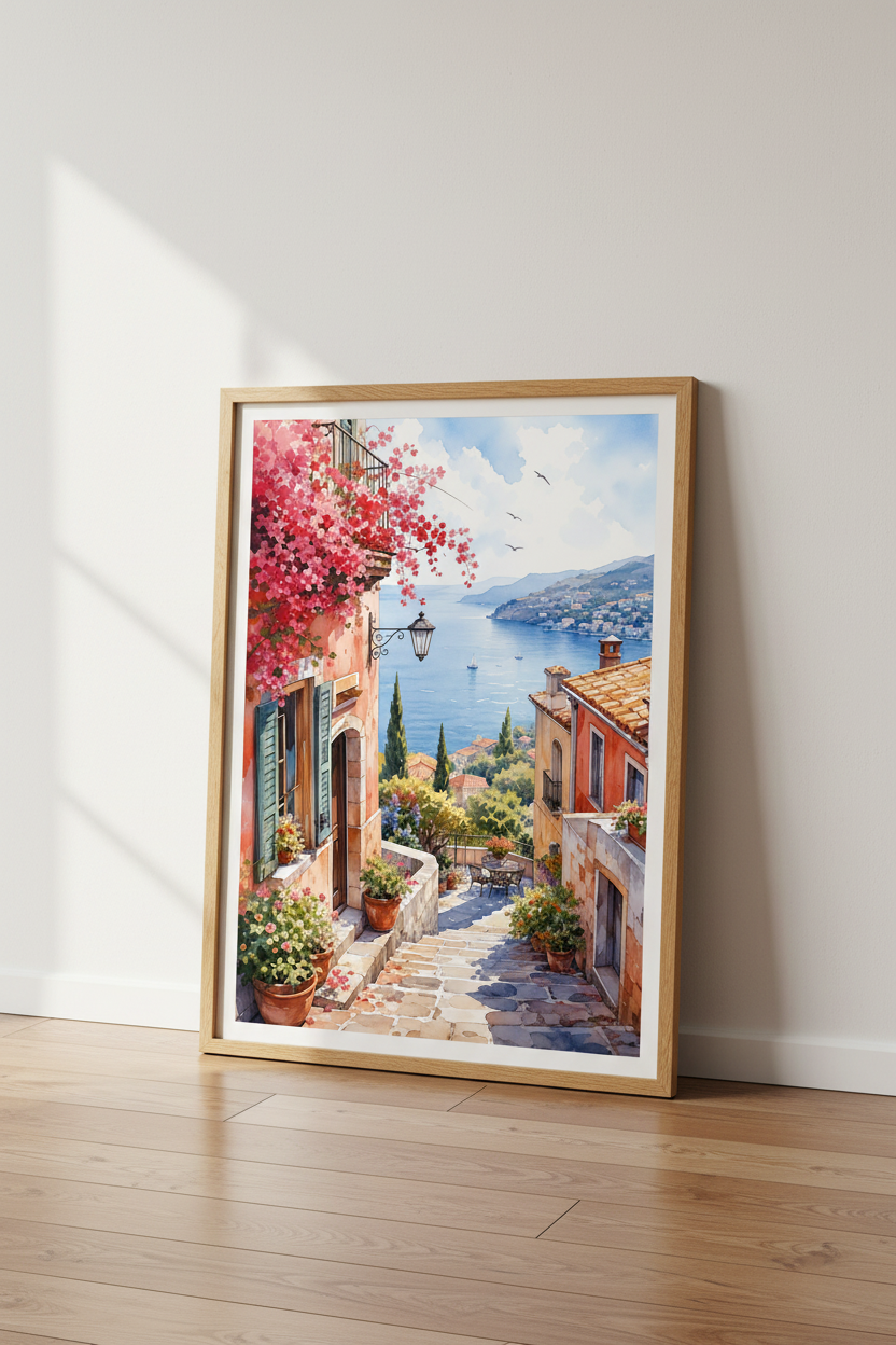 Italian Coastal Watercolor Wall Art | Mediterranean Town Decor | Amalfi Aesthetic Poster