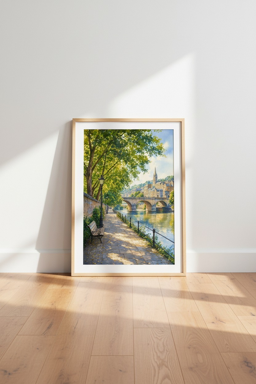 European Riverside Watercolor | Sunny Bridge Cityscape Print, Living Room Wall Art