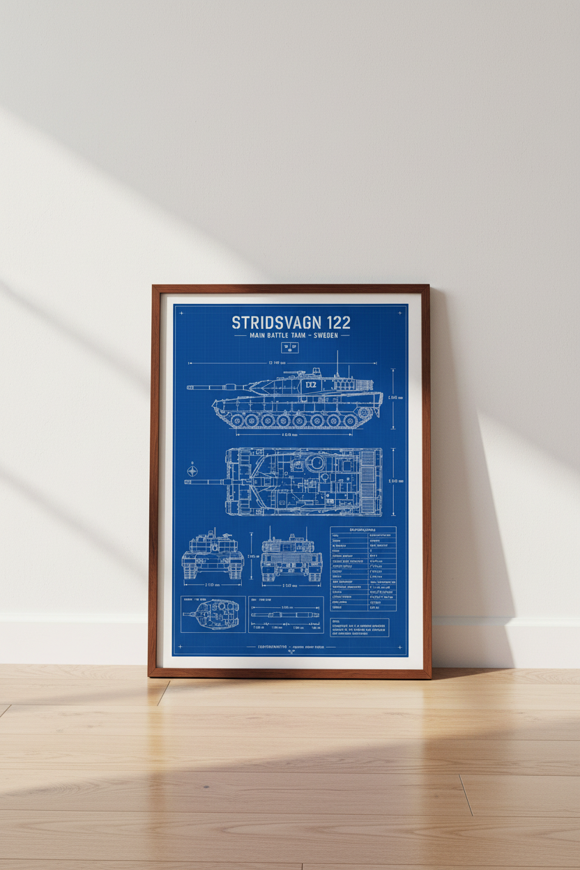 Stridsvagn 122 Tank Blueprint Wall Art | Swedish Military Decor | Technical Poster
