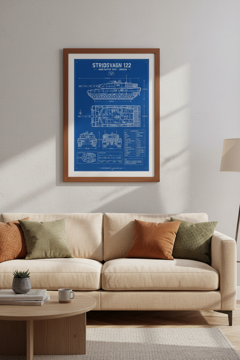 Stridsvagn 122 Tank Blueprint Wall Art | Swedish Military Decor | Technical Poster
