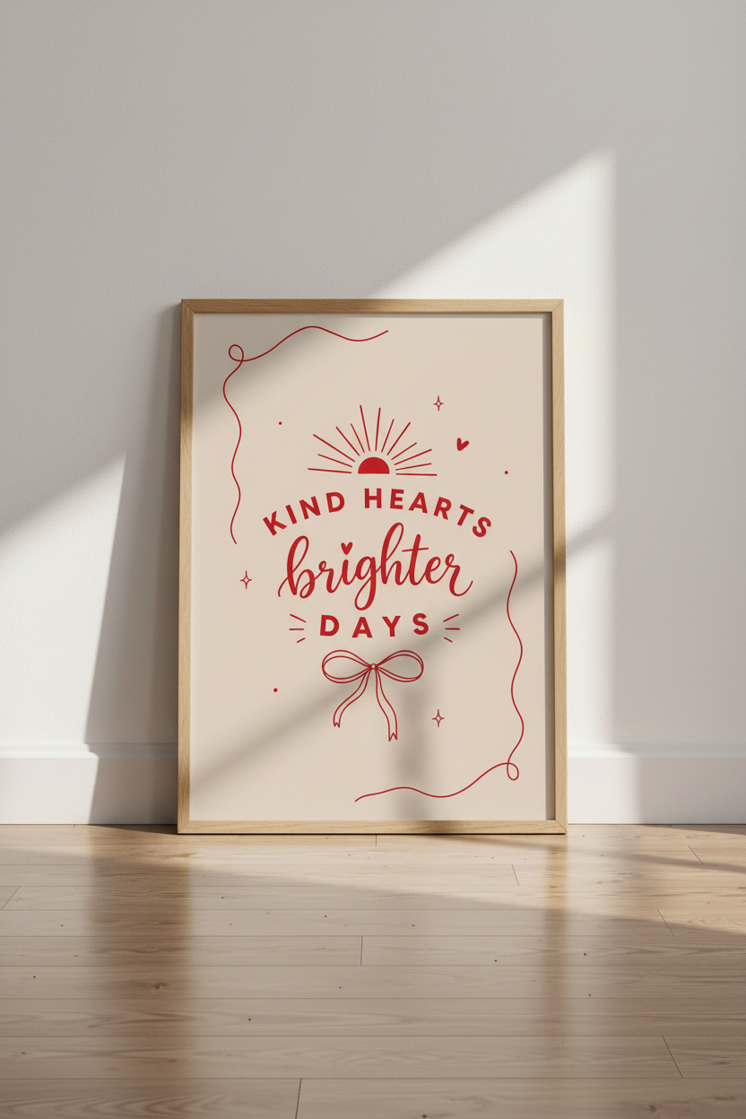 Kind Hearts Brighter Days Wall Art | Red Typography Poster | Boho Office Decor