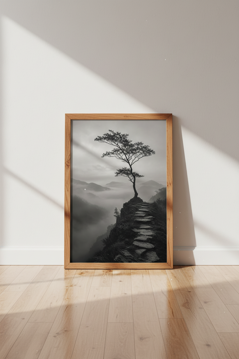 Zen Nature Wall Art | Black and White Mountain Landscape, Minimalist Tree Poster