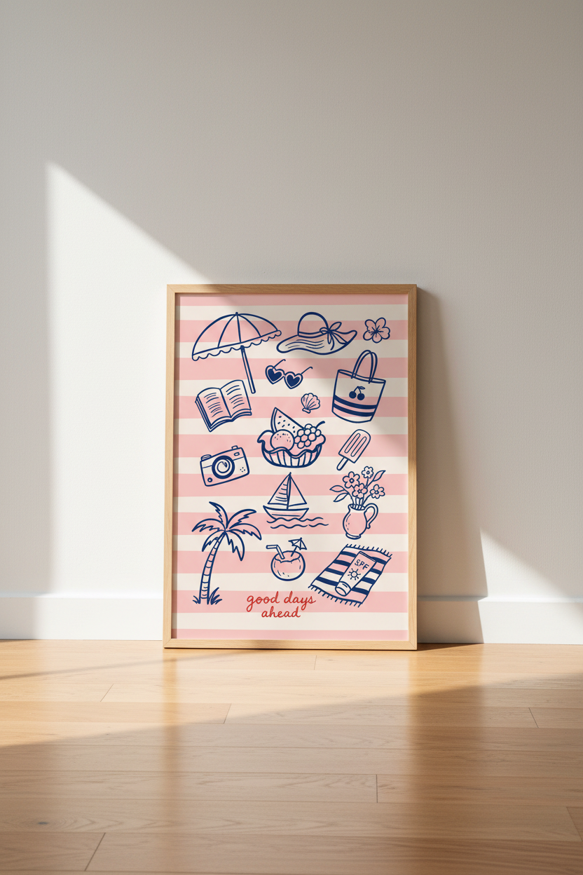 Coastal Summer Wall Art Print | Pink Beach House Decor | Preppy Aesthetic Poster
