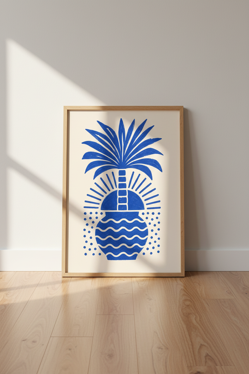 tropical palm wall art | Bold blue abstract island decor for living room