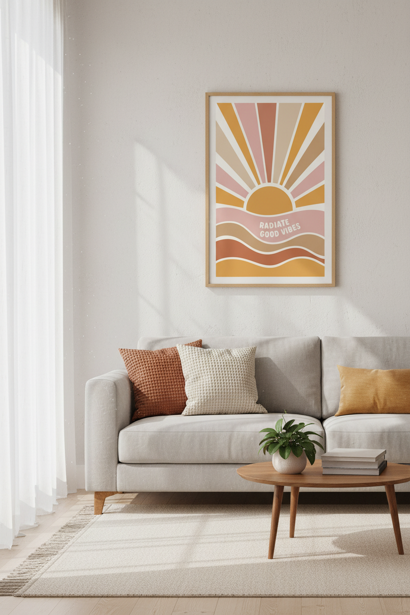 Retro Sunburst Radiate Good Vibes Wall Art | Boho Decor | Terracotta Poster