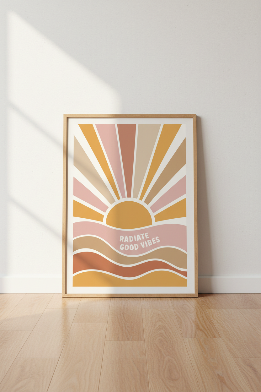 Retro Sunburst Radiate Good Vibes Wall Art | Boho Decor | Terracotta Poster