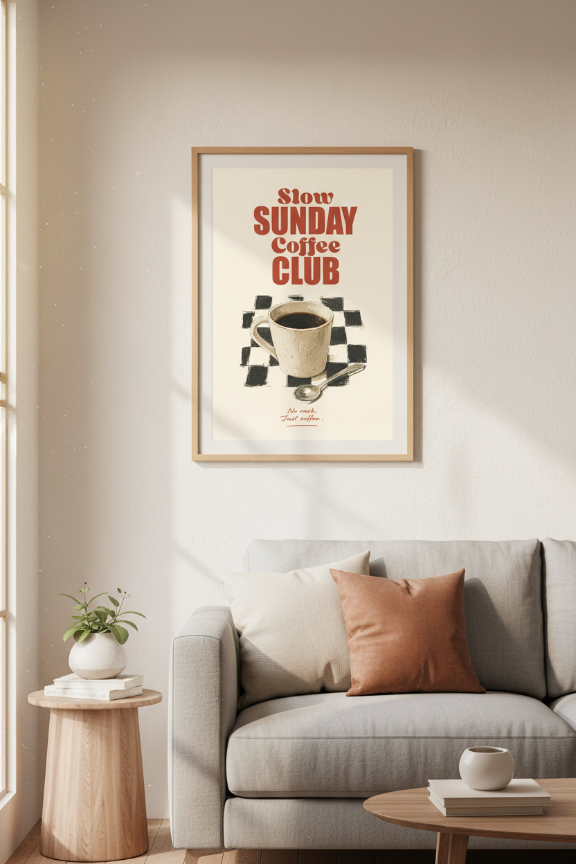 Coffee Poster | Retro Mug Art, Cream Background | Kitchen Decor