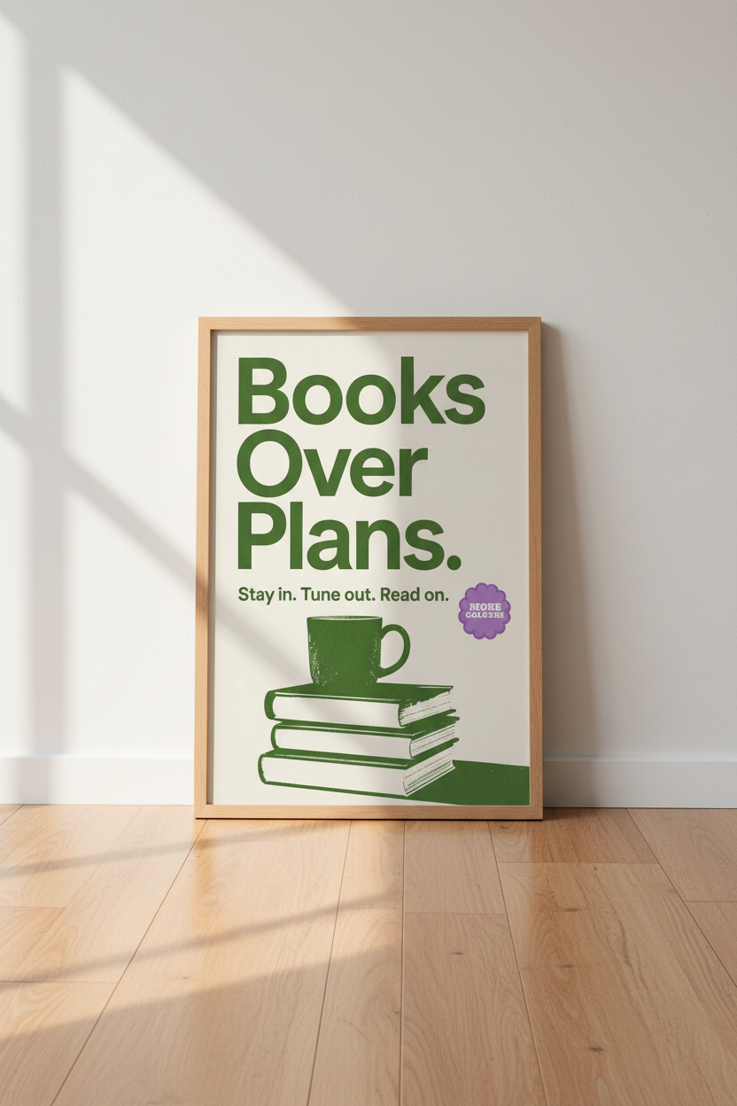 Books Over Plans Wall Art | Green Literary Decor | Minimalist Poster
