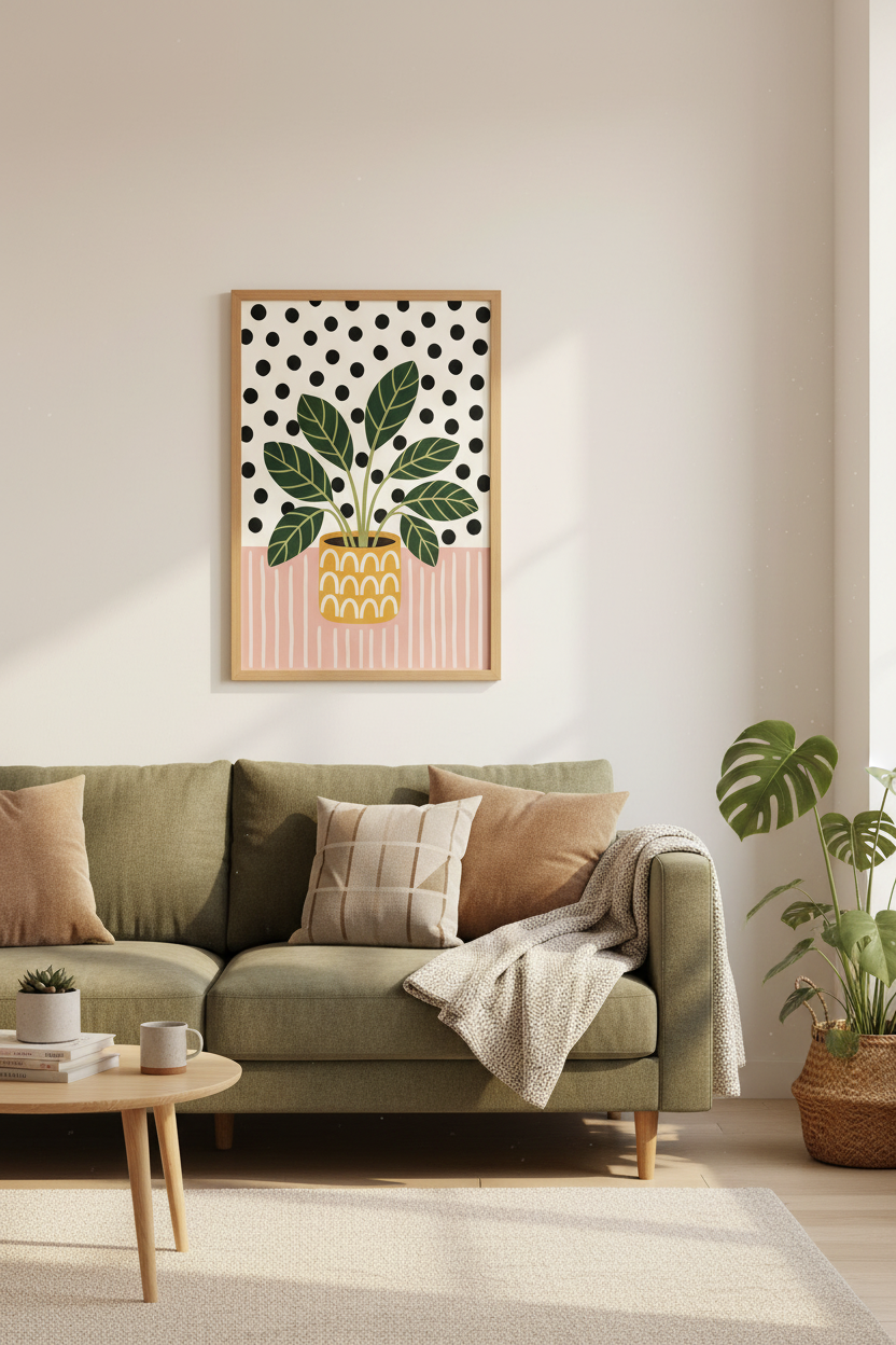 Abstract Botanical Art Print | Modern Pink & Green Boho Poster, Living Room Wall Decor