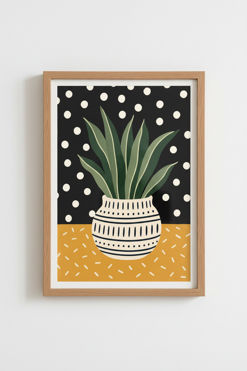 Folk Art Plant Print | Botanical Boho Decor, Modern Polka Dot Poster