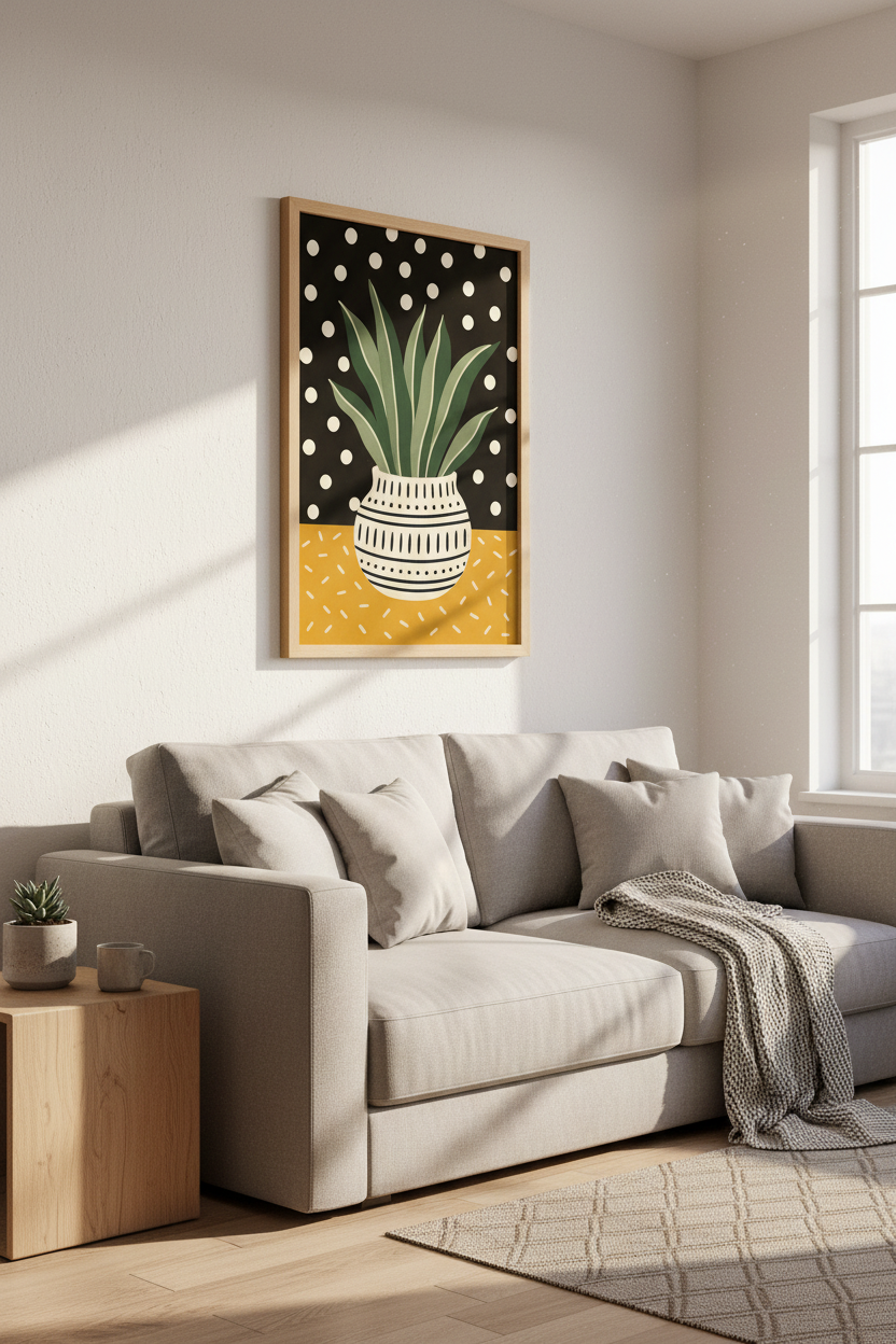 Folk Art Plant Print | Botanical Boho Decor, Modern Polka Dot Poster