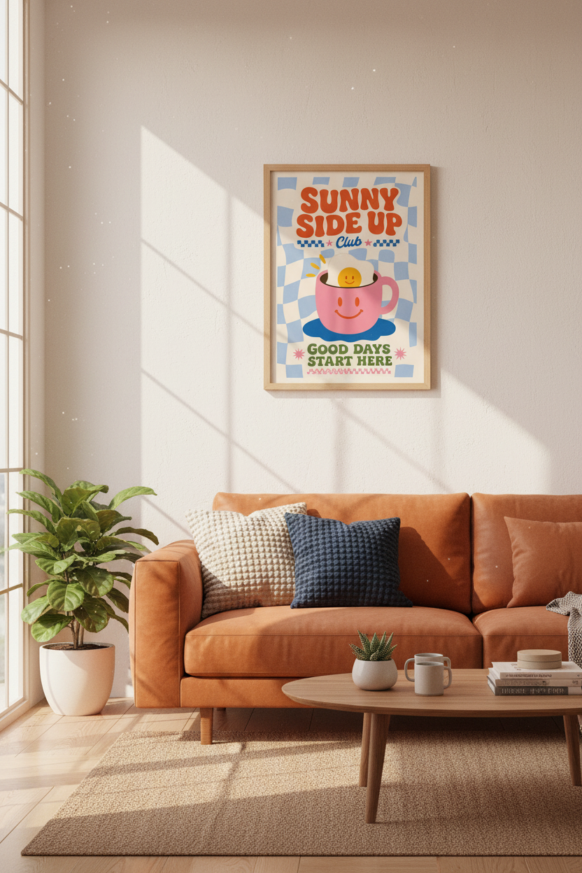 Retro Sunny Side Up Print | Groovy Kitchen Wall Art | Pink & Blue Aesthetic Poster