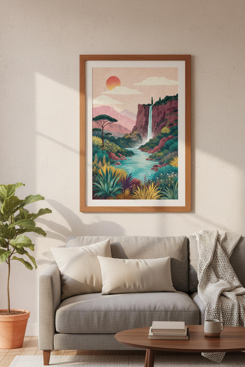 Waterfall Landscape Wall Art | Boho Mountain Sunset Print | Modern Nature Poster Decor