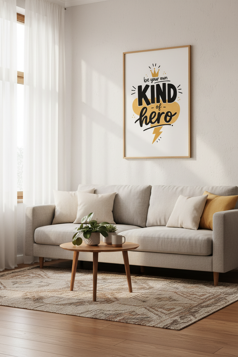 Be Your Own Kind of Hero Wall Art | Yellow Black Motivational Print, Kids Room Decor