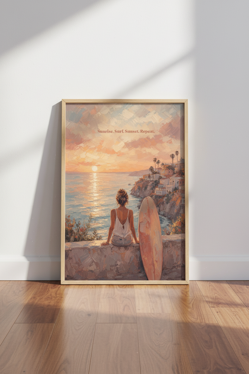 Coastal Surf Wall Art Print | Impressionist Beach Decor | Sunset Surf Poster