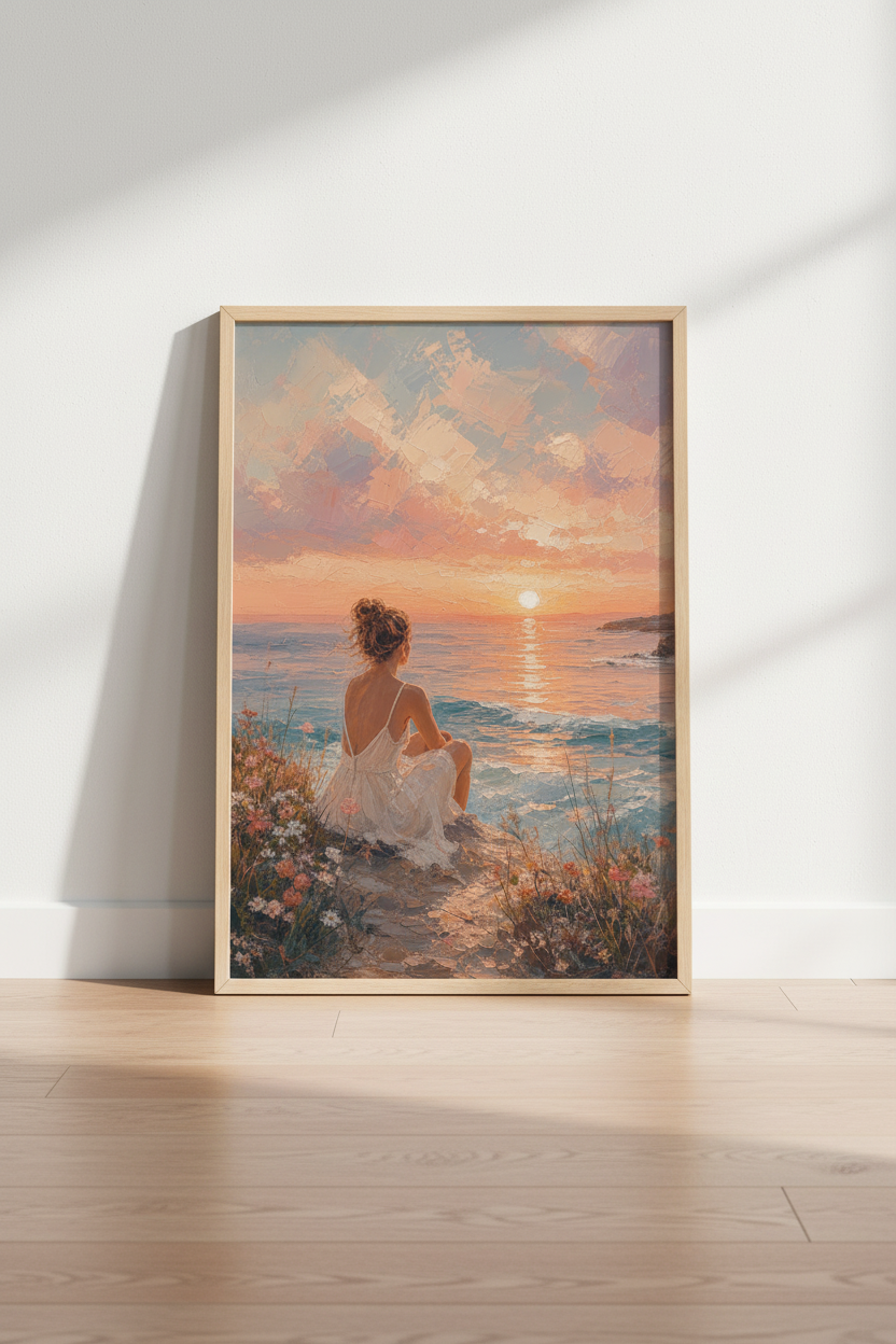 Coastal Impressionist Art Print | Sunset Beach Poster, Framed or Digital Download Decor