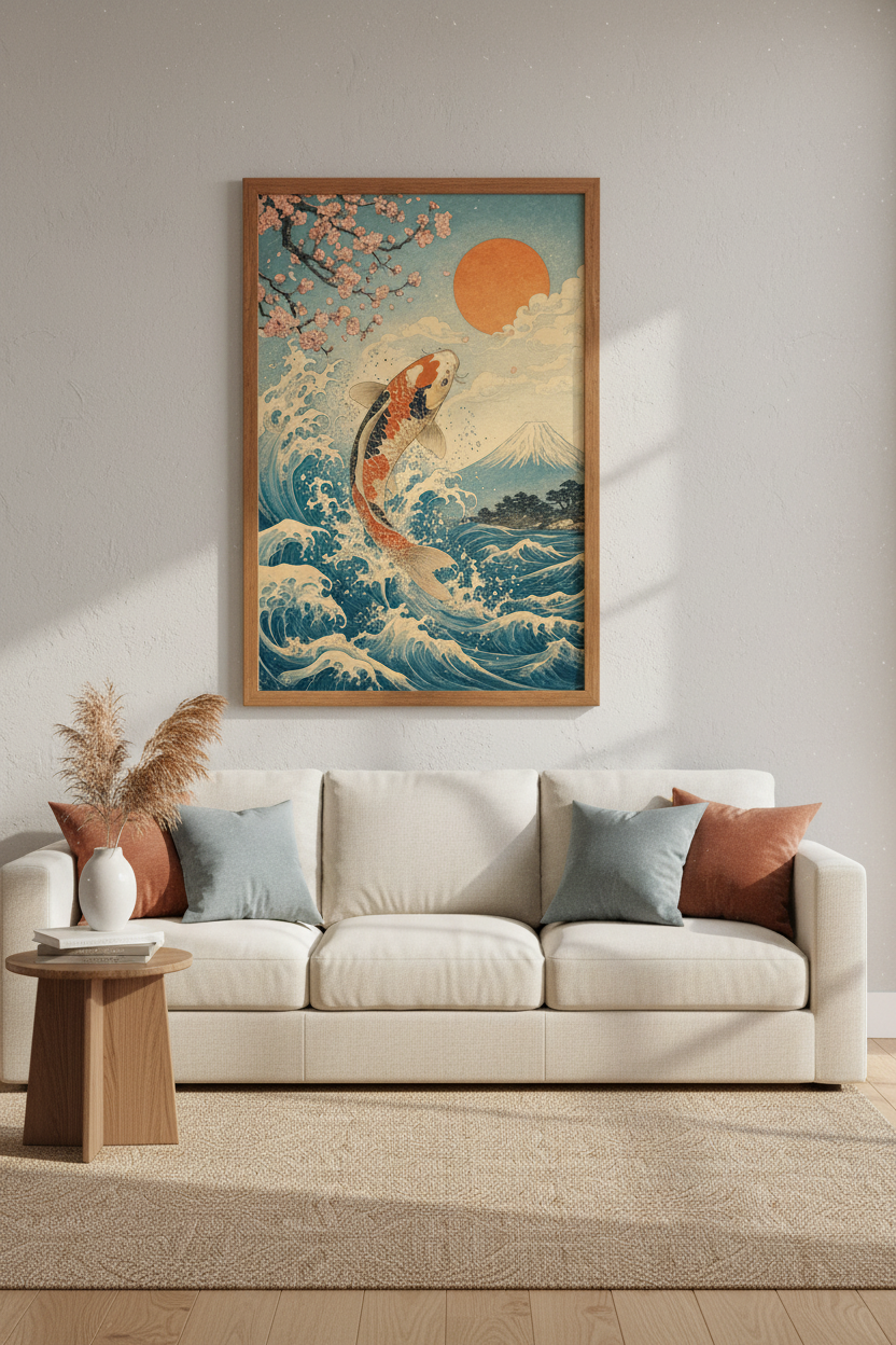 Koi Fish & Great Wave Wall Art | Japanese Ukiyo-e Style Print | Zen Home Decor