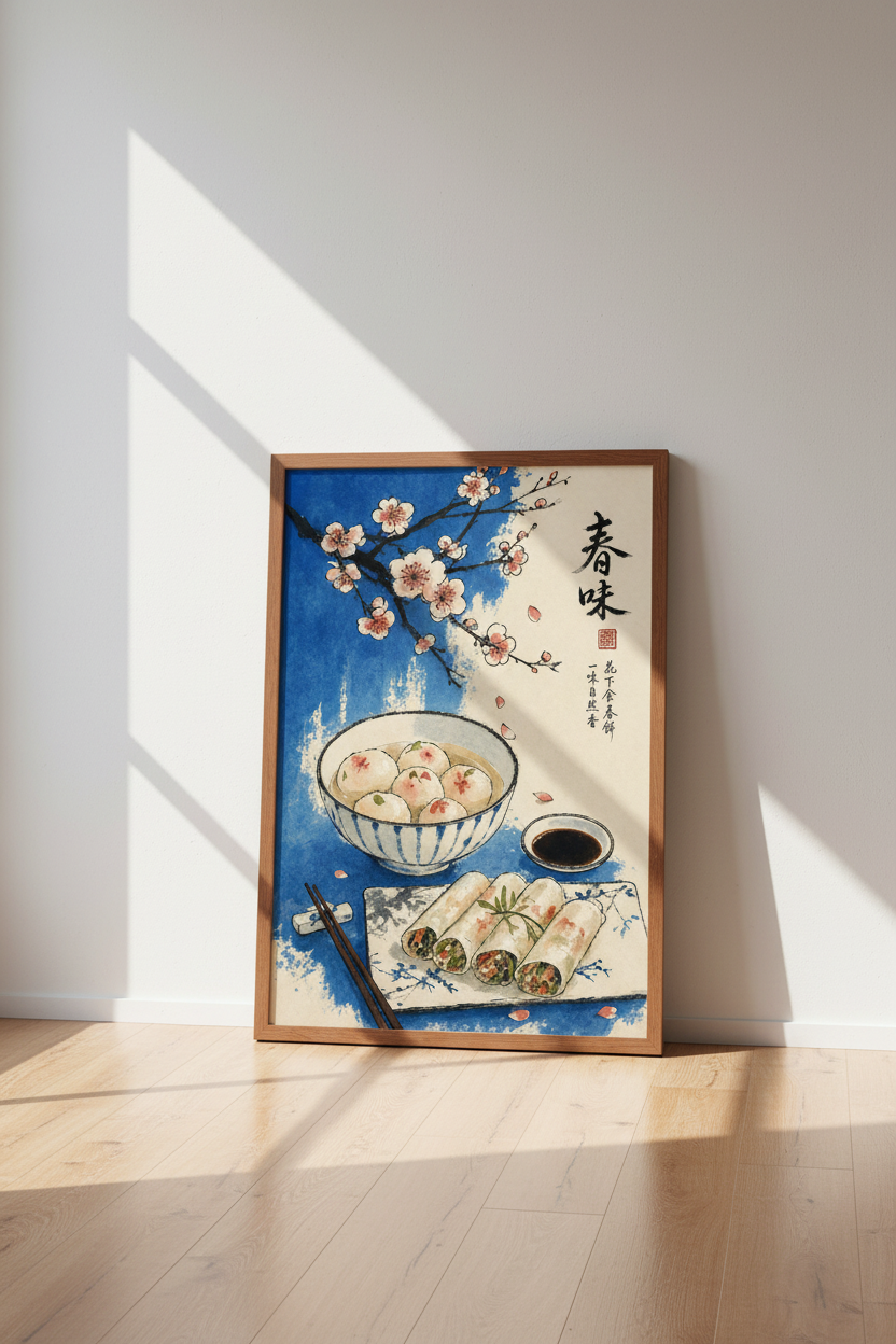 Japanese Food Art Print | Blue Floral Kitchen Decor | Asian Aesthetic Poster
