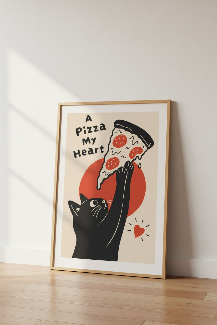 Funny Cat Pizza Print | Cute Retro Kitchen Wall Art | Minimalist Foodie Poster