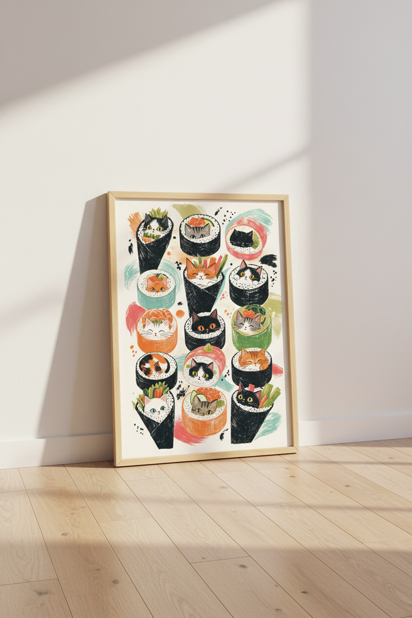 Cute Sushi Cat Wall Art Print | Kitchen Dining Room Decor | Kawaii Japanese Poster