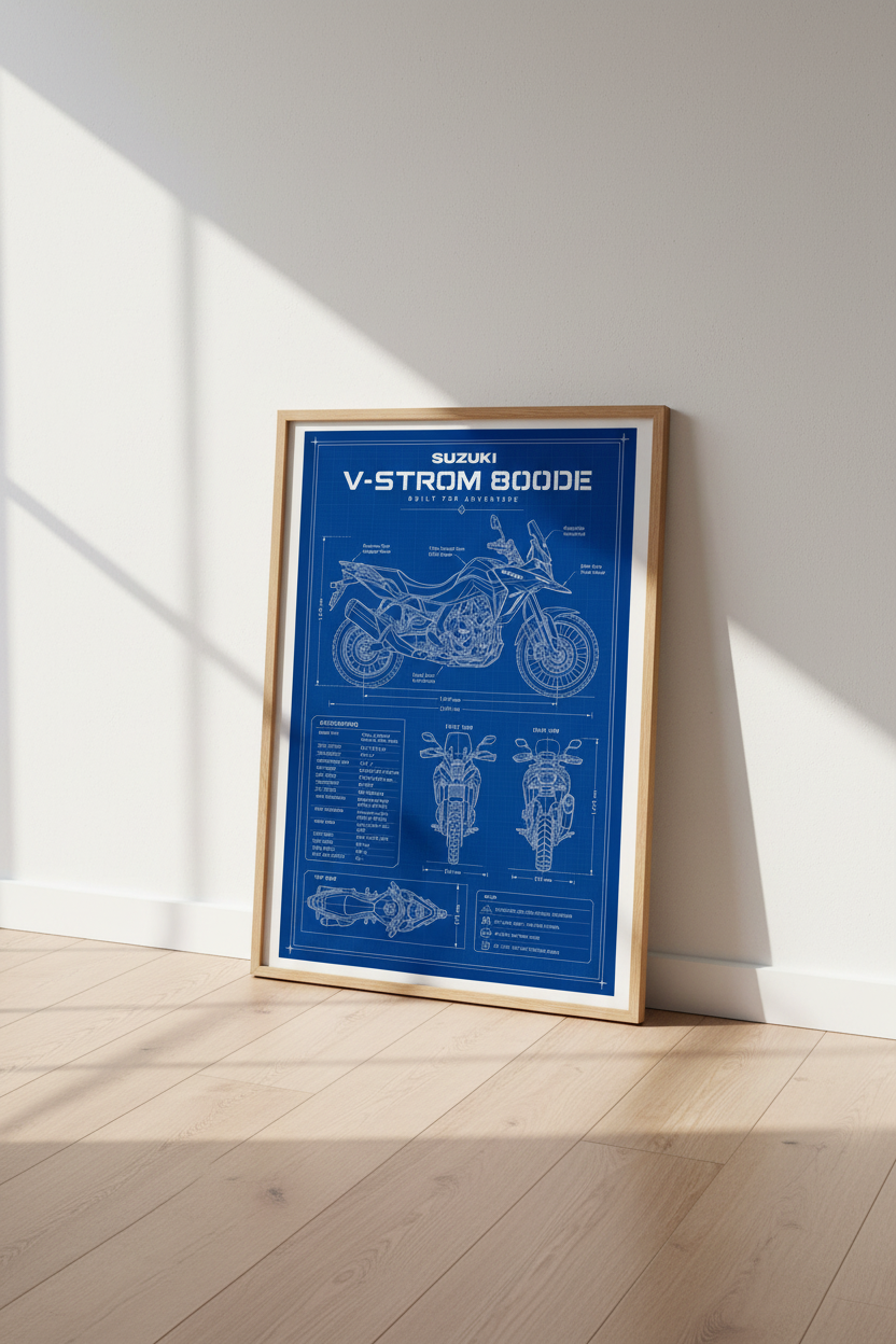 Suzuki V-Strom 800DE Blueprint Wall Art | Garage Decor | Adventure Motorcycle Poster
