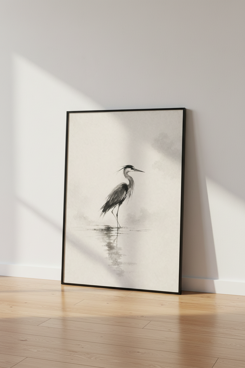 Great Blue Heron | Japanese Sumi-e Ink Wash, Minimalist Zen Wall Art Print
