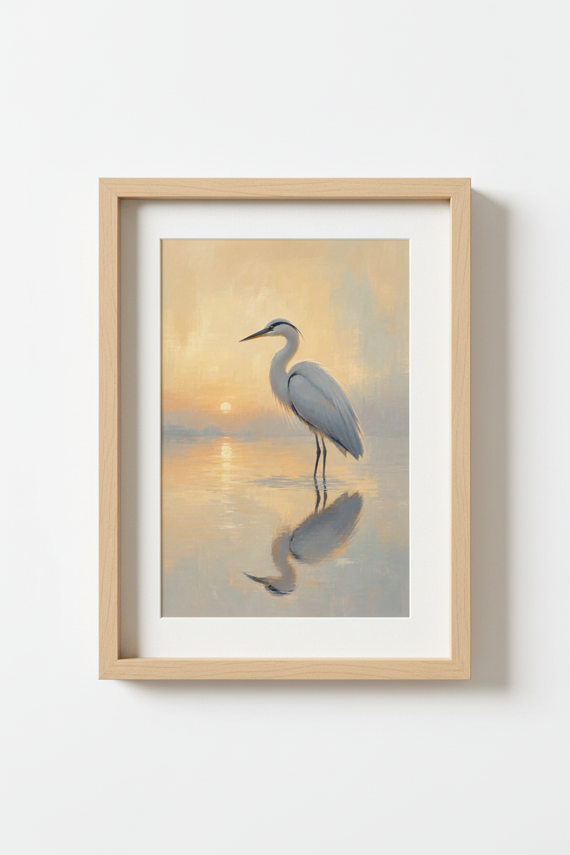 Heron Nature Wall Art Print | Coastal Sunrise Decor | Impressionist Bird Poster