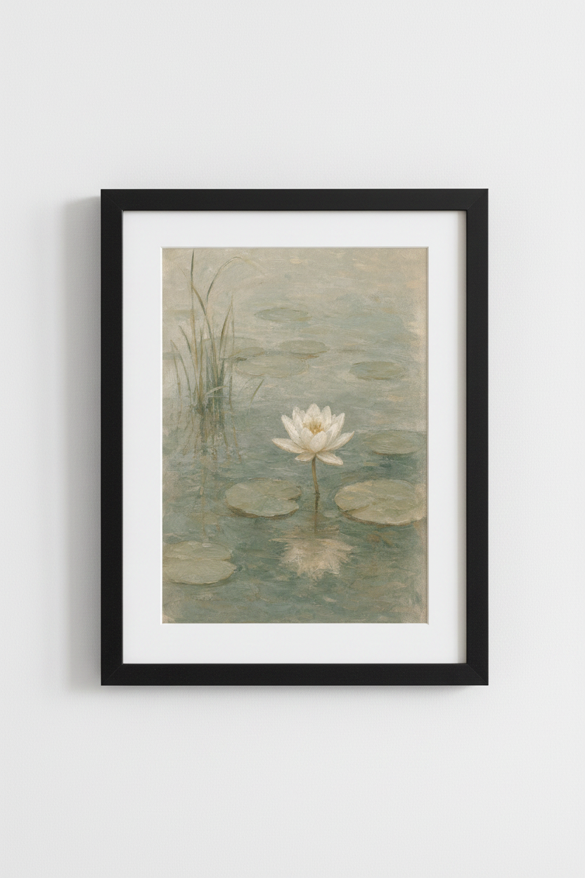 White Lily Pond Wall Art Print | Muted Sage Green Decor | Romantic Impressionist Poster