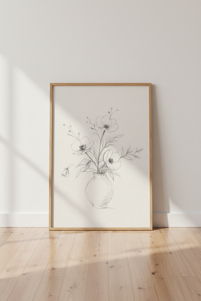 Wildflower Vase Sketch | Minimalist Charcoal Botanical Art, Bedroom Decor