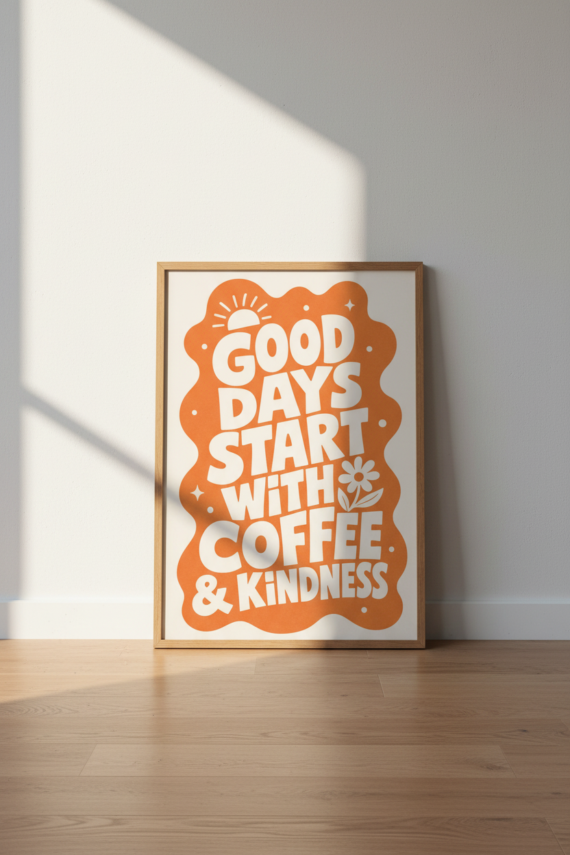 Good Days Start With Coffee Art | Retro Orange Typography, Kitchen Decor