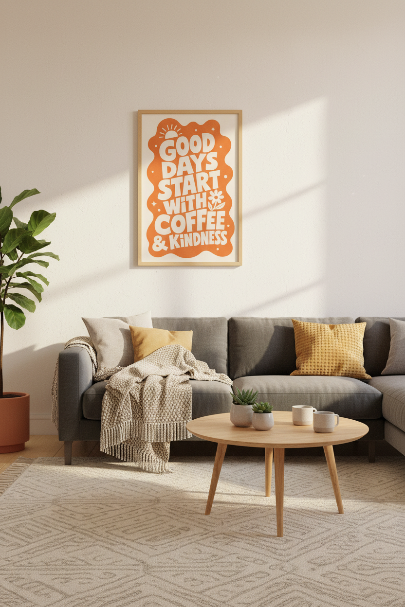 Good Days Start With Coffee Art | Retro Orange Typography, Kitchen Decor