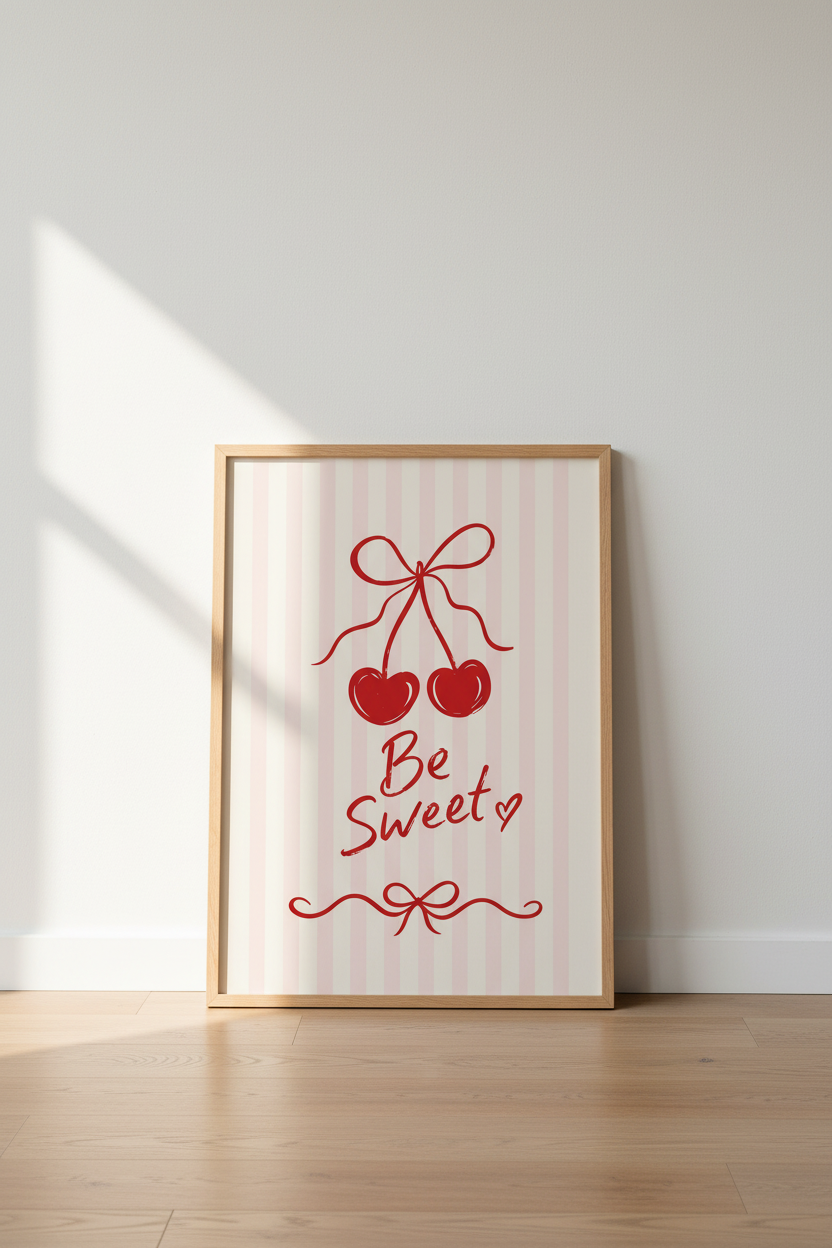 Cherry Heart Be Sweet Wall Art | Pink Stripes, Red Coquette Nursery Decor