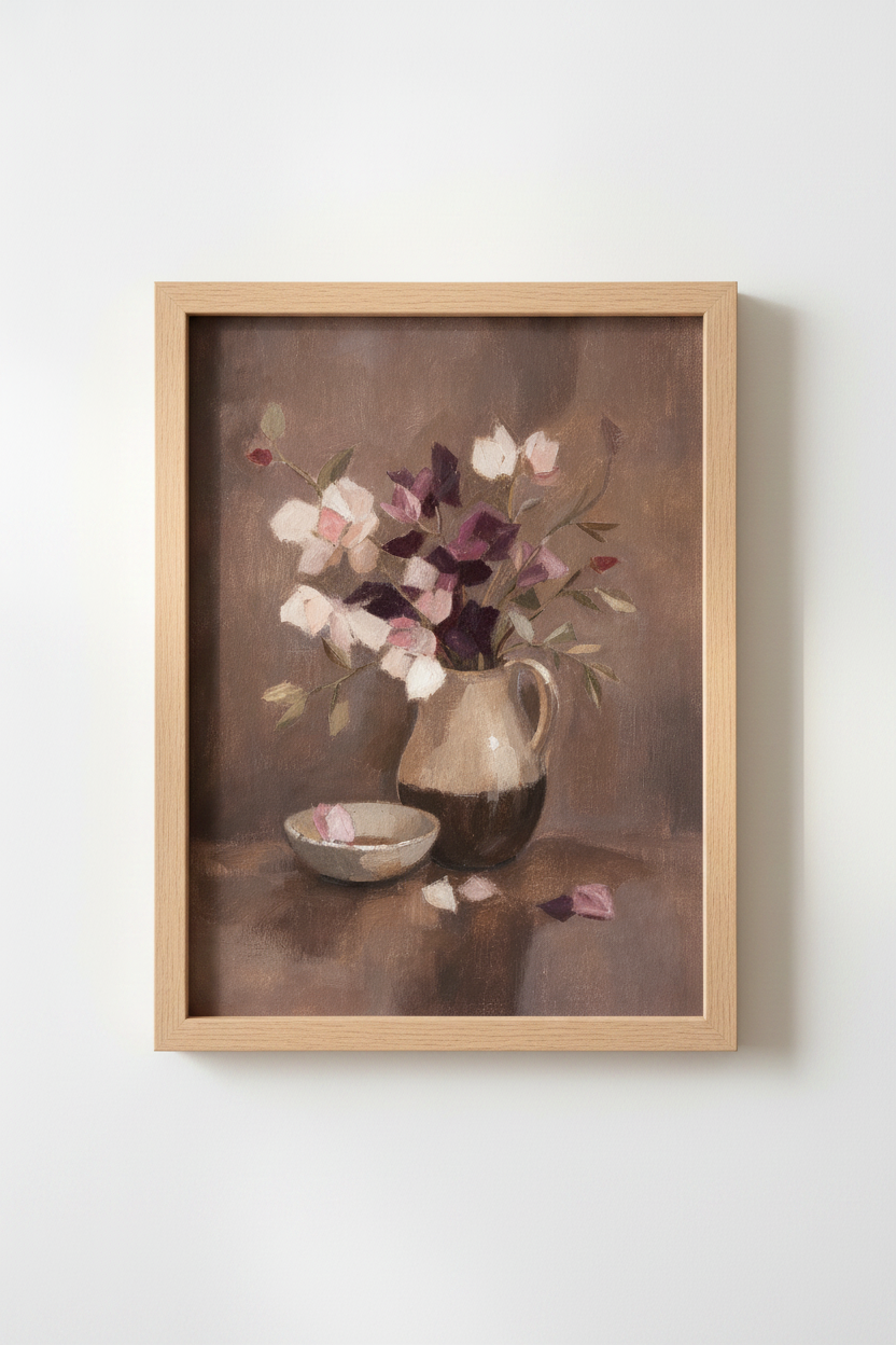 Floral Wall Art | Impressionist Bouquet in Pitcher, Neutral Tones | Living Room Decor