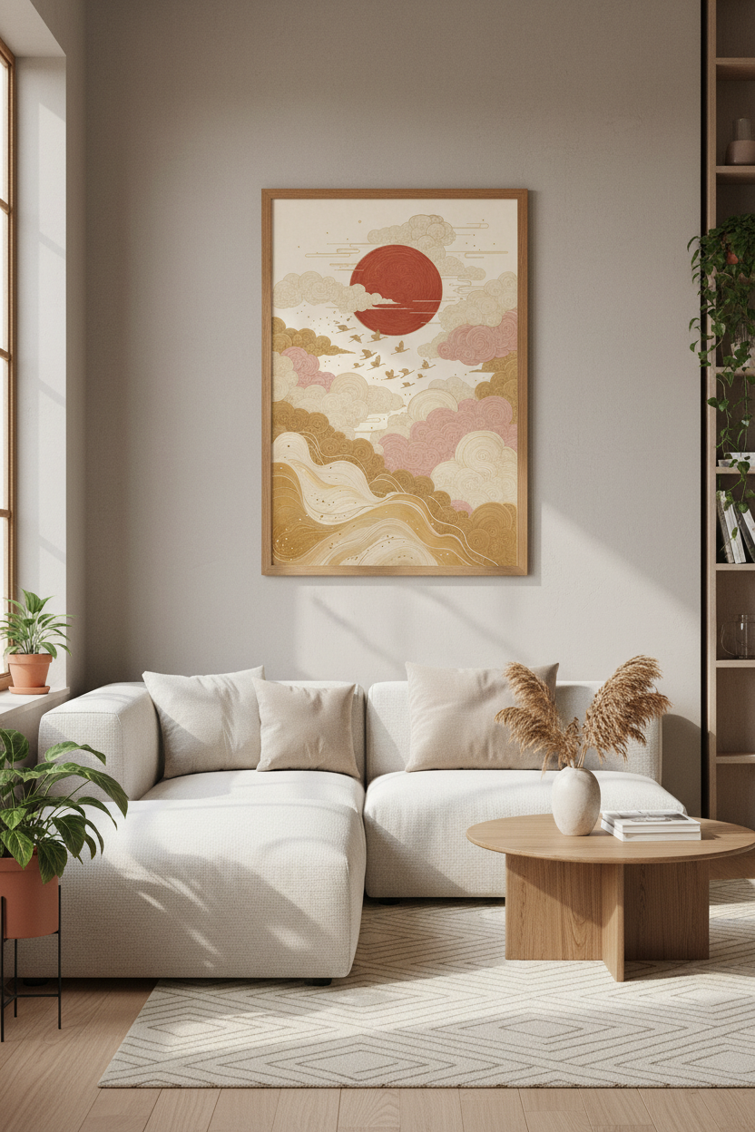 Japanese Crane & Sun Wall Art Print | Zen Bedroom Decor | Boho Japandi Poster