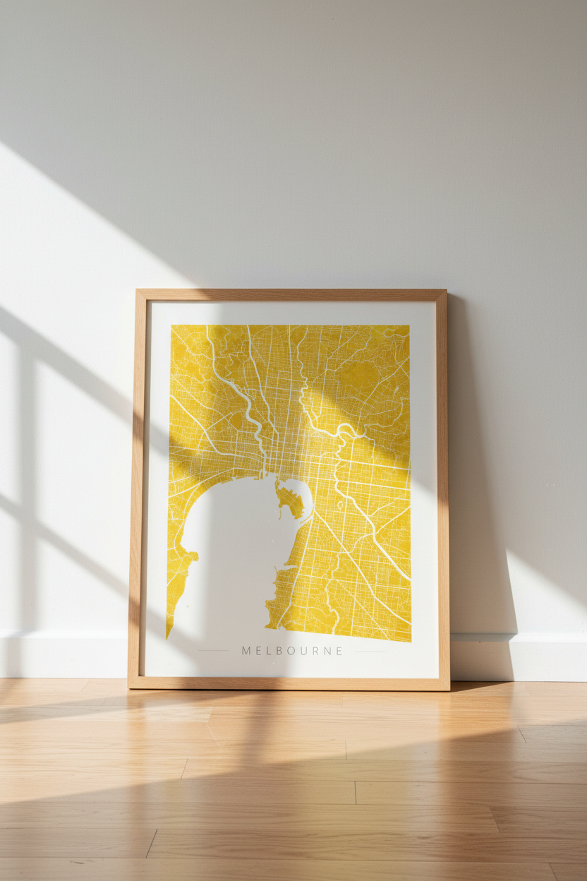 Melbourne City Map | Bold Yellow Minimalist Art, Modern Office & Home Decor