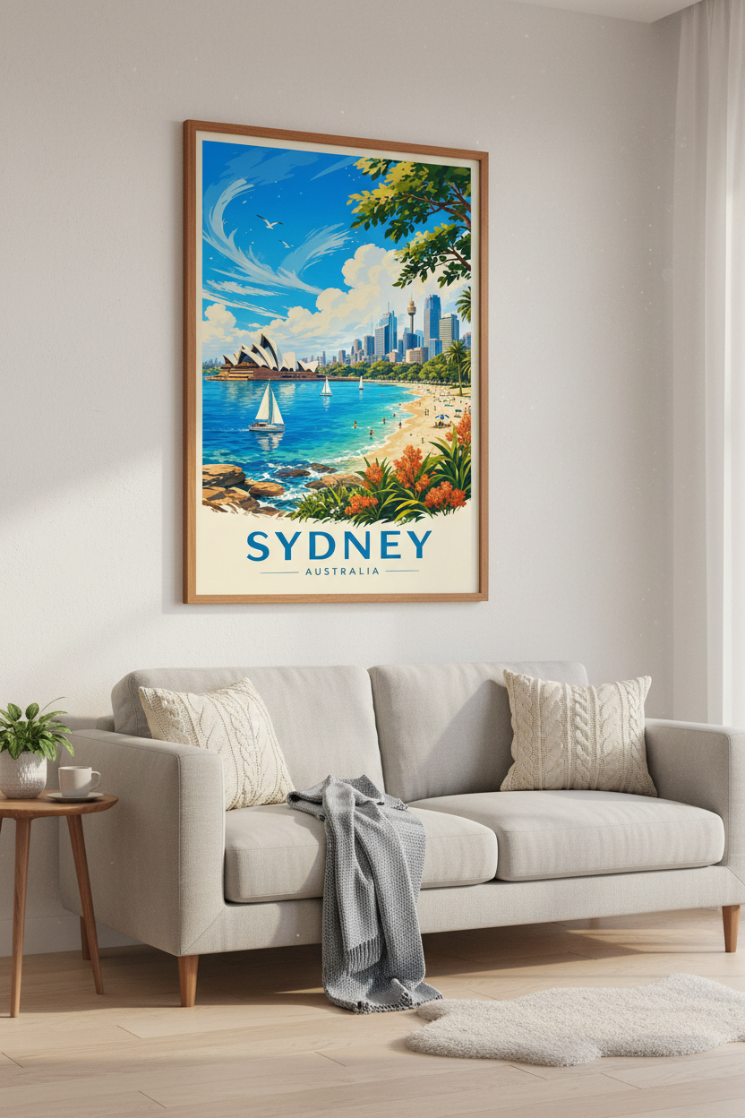 Sydney Australia Travel Poster | Blue Coastal Cityscape Wall Art | Modern Travel Print