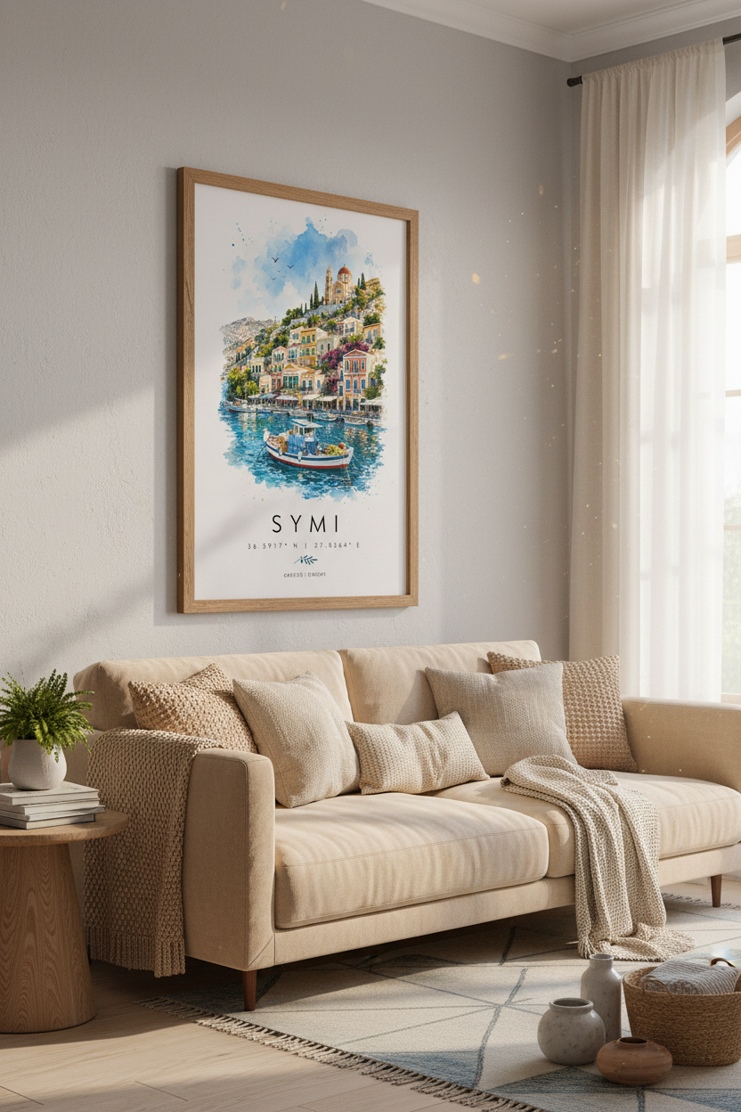 Symi Greece Watercolor Travel Print | Coastal Mediterranean Decor | Greek Island Art