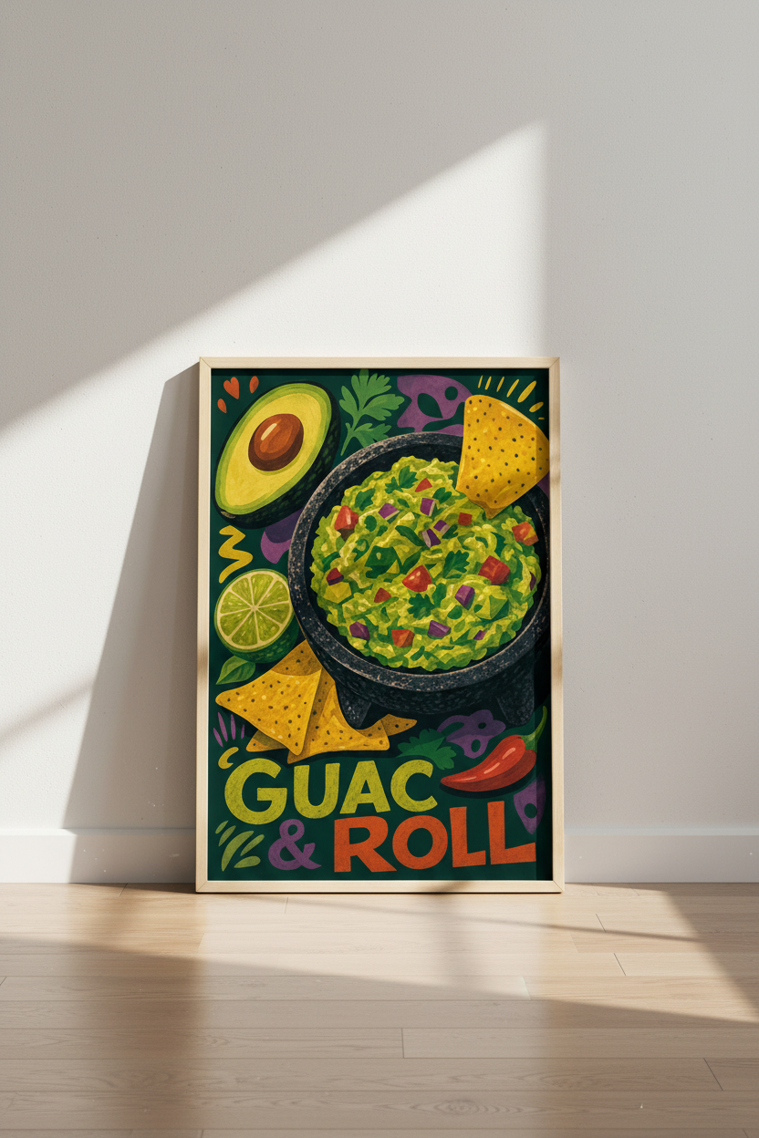 Guacamole & Roll Art Print | Green Kitchen Decor | Modern Foodie Poster